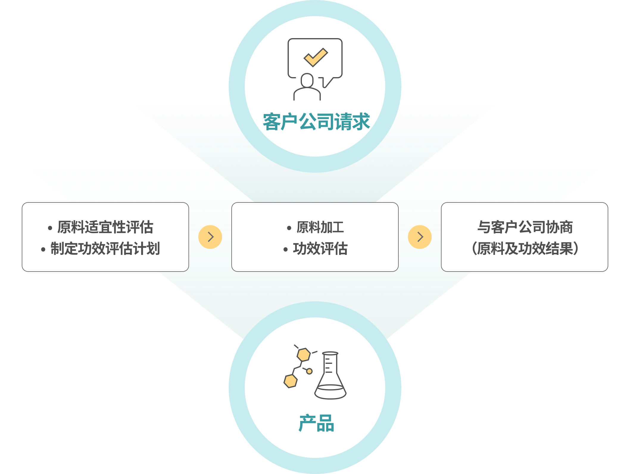 고객사에서 요청이 오면 원료 적합성 평가 및 효능평가 계획 수립 후 원료 가공 및 효능 평가 후 고객사 협의(원료 및 효능결과) 후 제품 생산